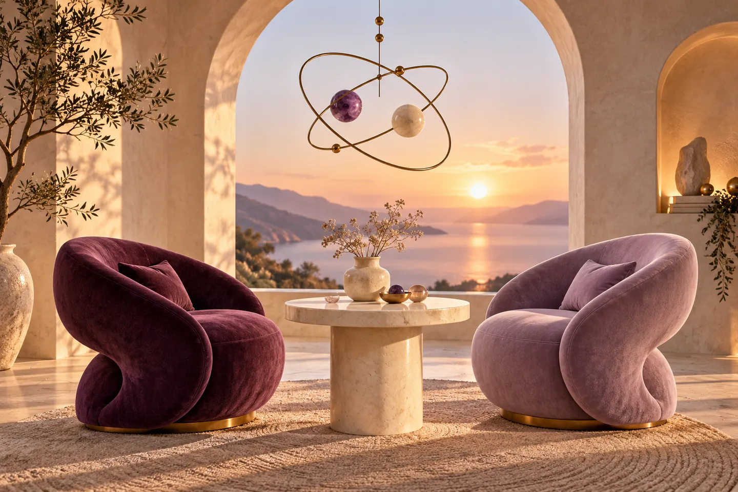Plum and lavender chairs face a round table beneath an intertwined brass celestial mobile