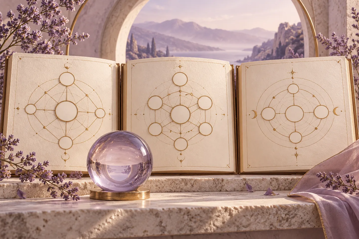Three ivory folios show different abstract gold geometric designs beside a lavender glass lens
