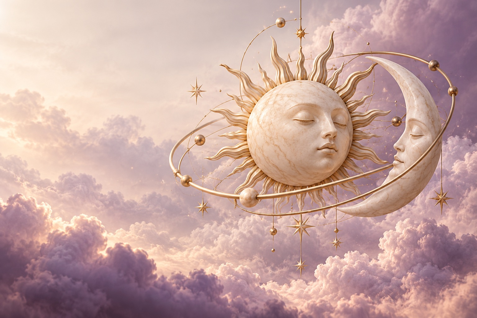 Alabaster sun and crescent moon suspended in gold orbits above lavender clouds